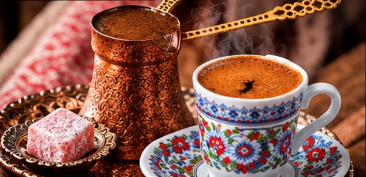 Bosnian coffee in a patterned cup beside a copper pot and a sweet